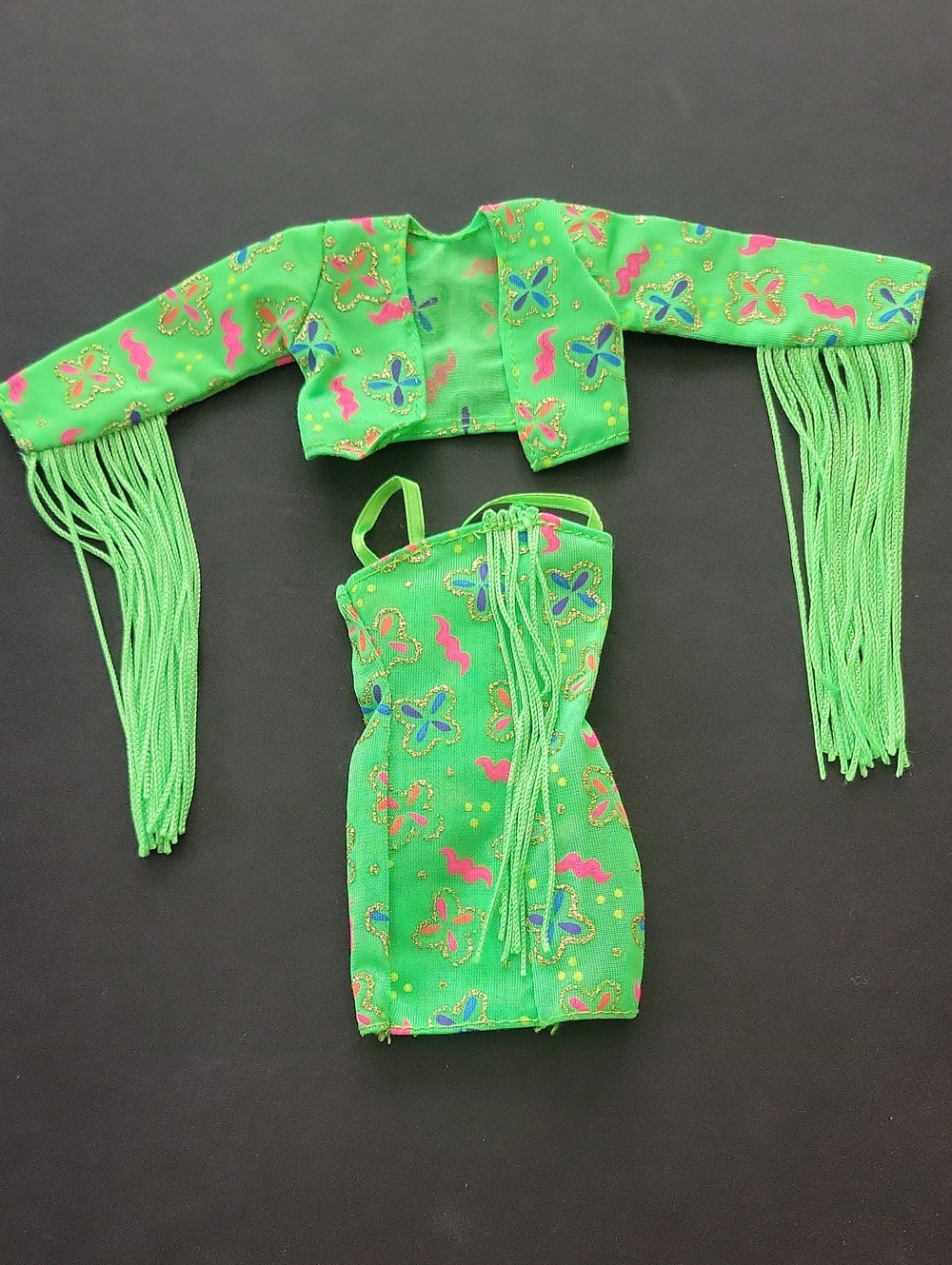 Neon Green Fringe Barbie Outfit- Floral Print Tank Dress & Jacket